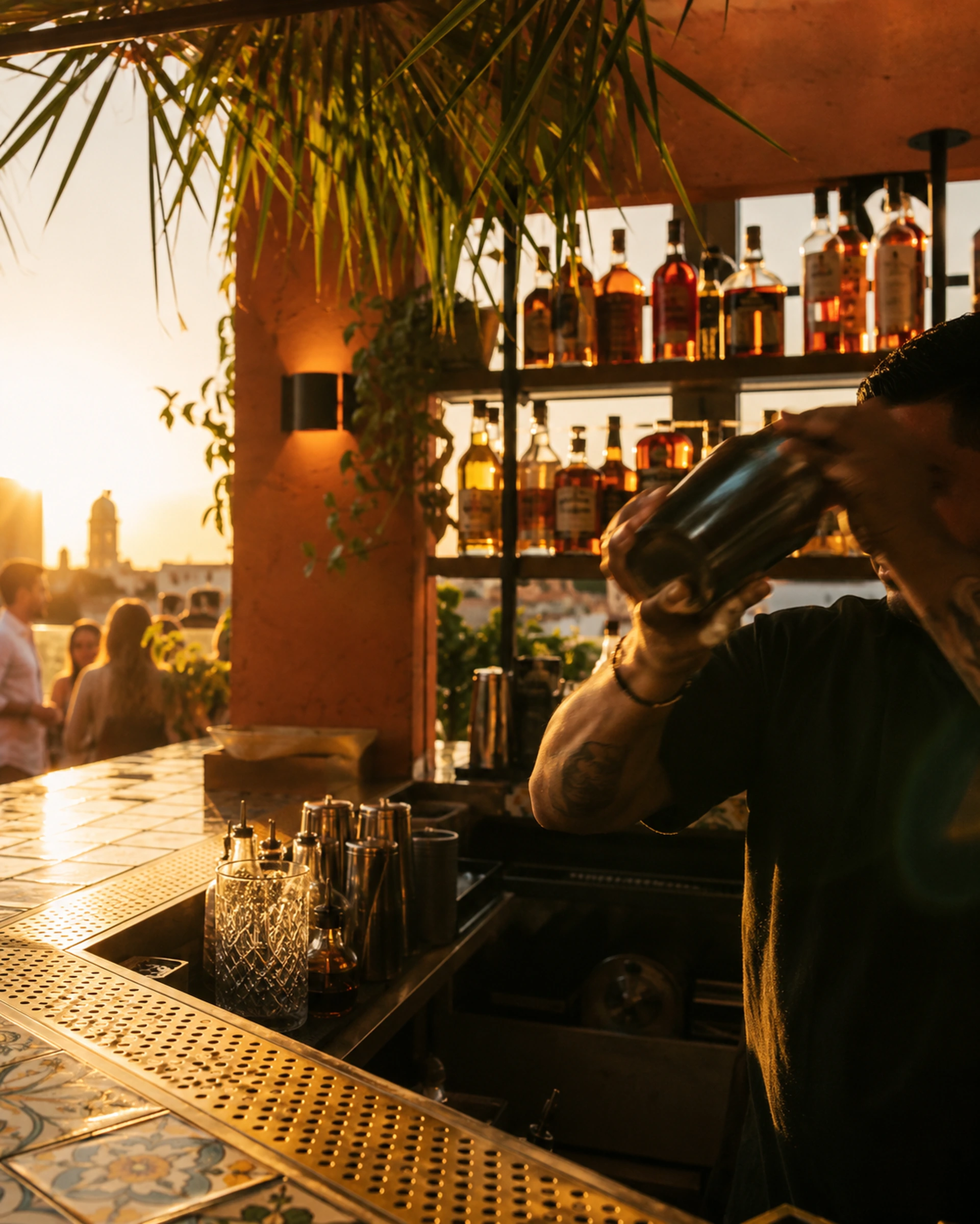 The Casa Brava rooftop bar glowing at golden hour
