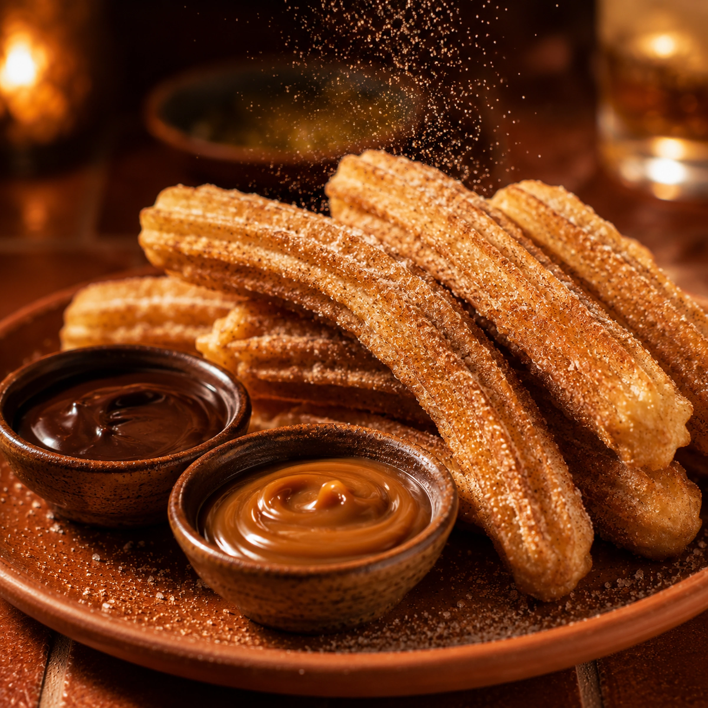Churros with chocolate and dulce de leche